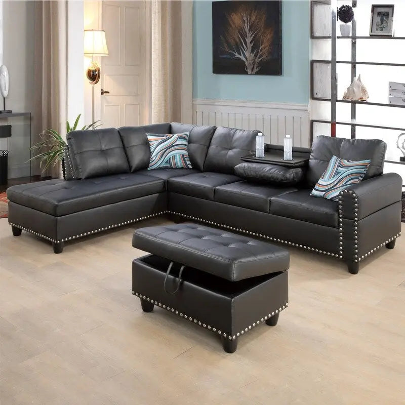 Modernes 3-teiliges Sofa-Set aus schwarzem Kunstleder: Elegantes Design für Wohnzimmer