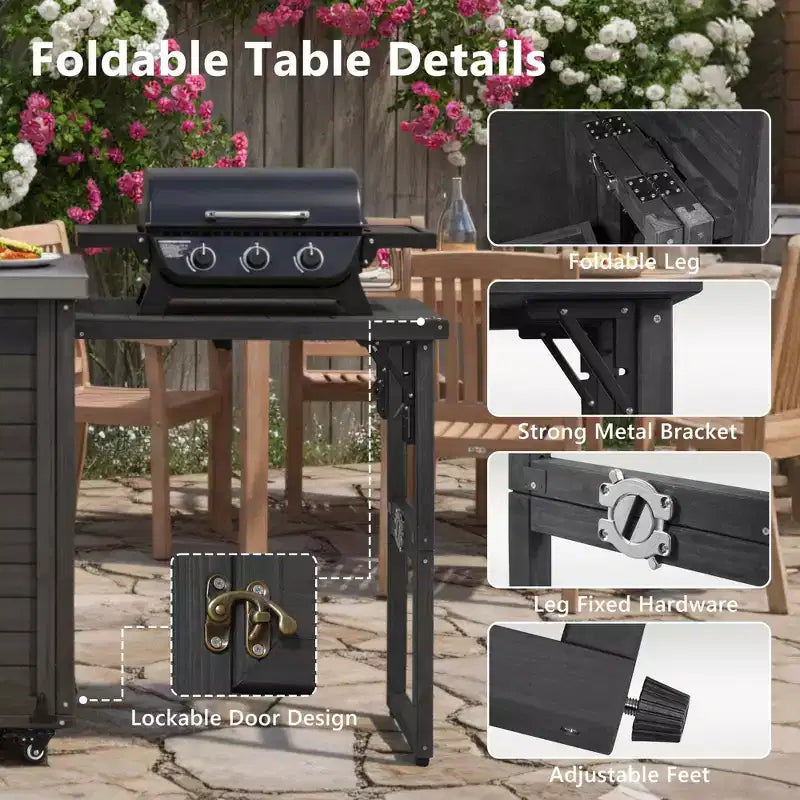 Outdoor-Kücheninsel mit klappbarem Seitentisch, Outdoor-Grillwagen mit Edelstahlplatte, versteckter Müllschrank für Rasen & Garten