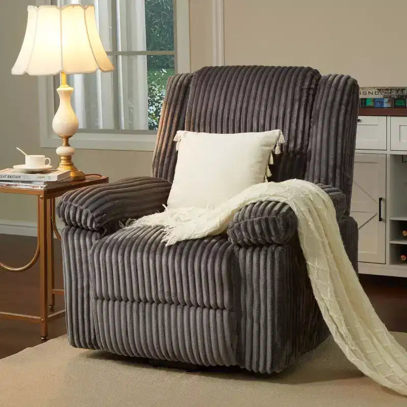 Kordsessel, manueller Relaxsessel mit Hebel, gepolsterte Armlehnen, dicke Polsterung, Seitentasche, Wohnzimmer, Schlafzimmer, Heimkino, Dunkelgrau