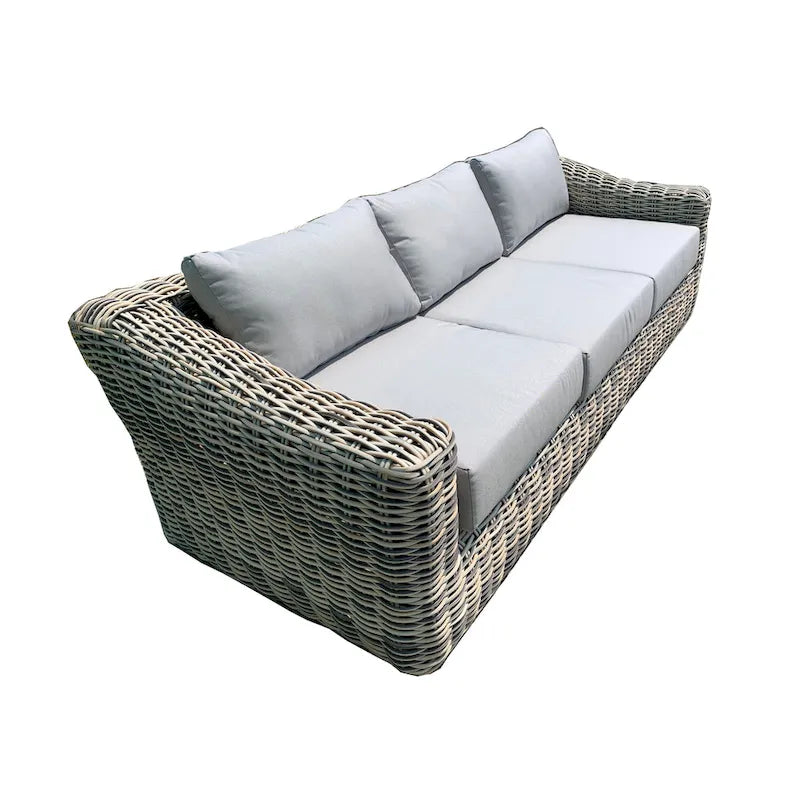 Teva Hawaii Dreifarbiges Gartenmöbel-Sofa aus Korbgeflecht in Grau/Cremeweiß/Beige mit Kissen