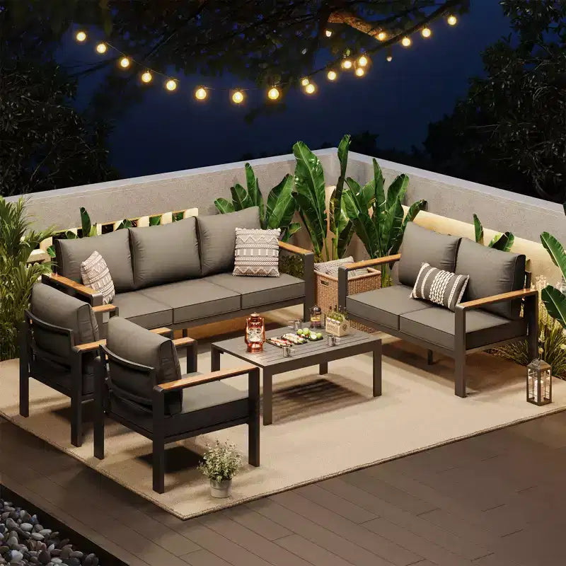 Aluminium-Terrassenmöbel-Set, Outdoor-Ecksofa mit 5 dicken Kissen, 4 Armlehnen & Couchtisch für Garten, Terrasse, Hinterhof