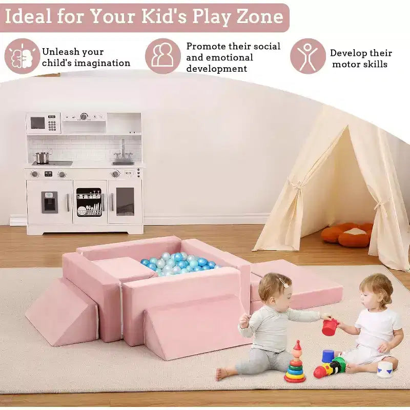 Indoor-Klettersofa, 12-teilige modulare Spielcouch mit quadratischem Bällebad & Kletterrampe, Kissen-Spielset