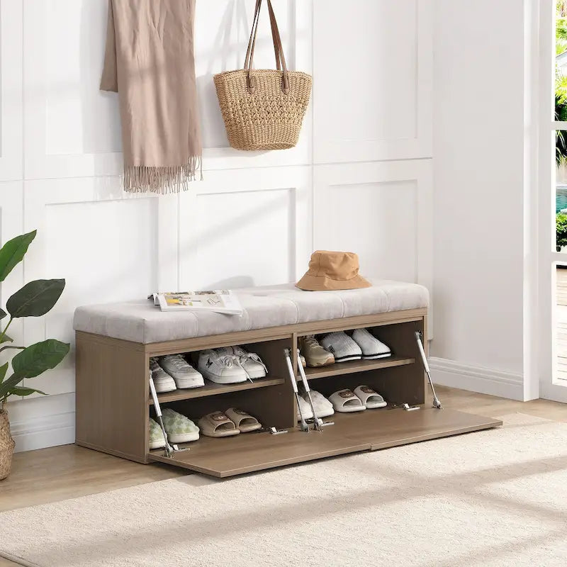 Schuhbank mit Stauraum für den Eingangsbereich, Schuhschrank-Hocker mit gepolsterter Sitzfläche und Doppeltüren für den Flur