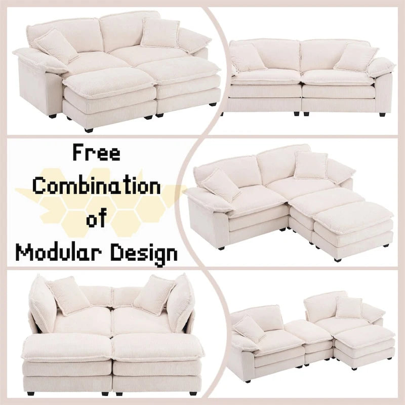 Modernes 2-Sitzer-Sofa aus Cord mit 4 Stützkissen und 2 Hockern