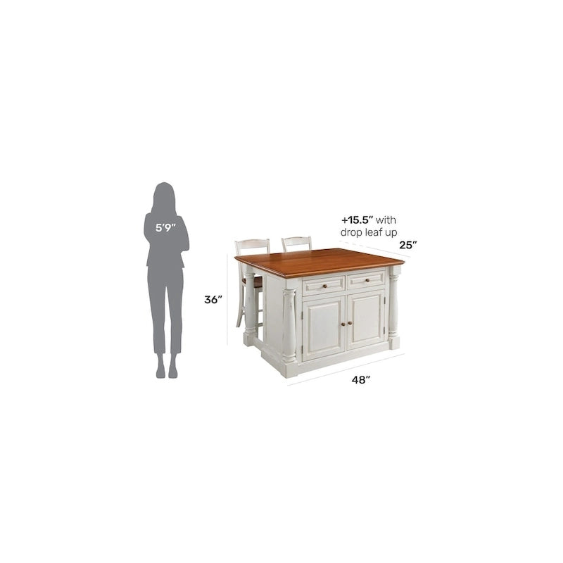 Homestyles Monarch 3-teiliges Kücheninsel-Set aus cremeweißem Holz mit ausklappbarer Holzplatte – 48 x 25 x 36
