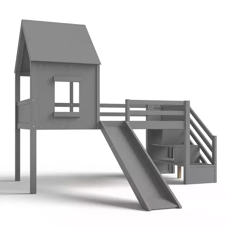 Einzel-Hochbett mit 3 Schubladen und Treppenregal, Hausbett-Gestell aus Holz mit Rutsche und herausziehbarem Schreibtisch