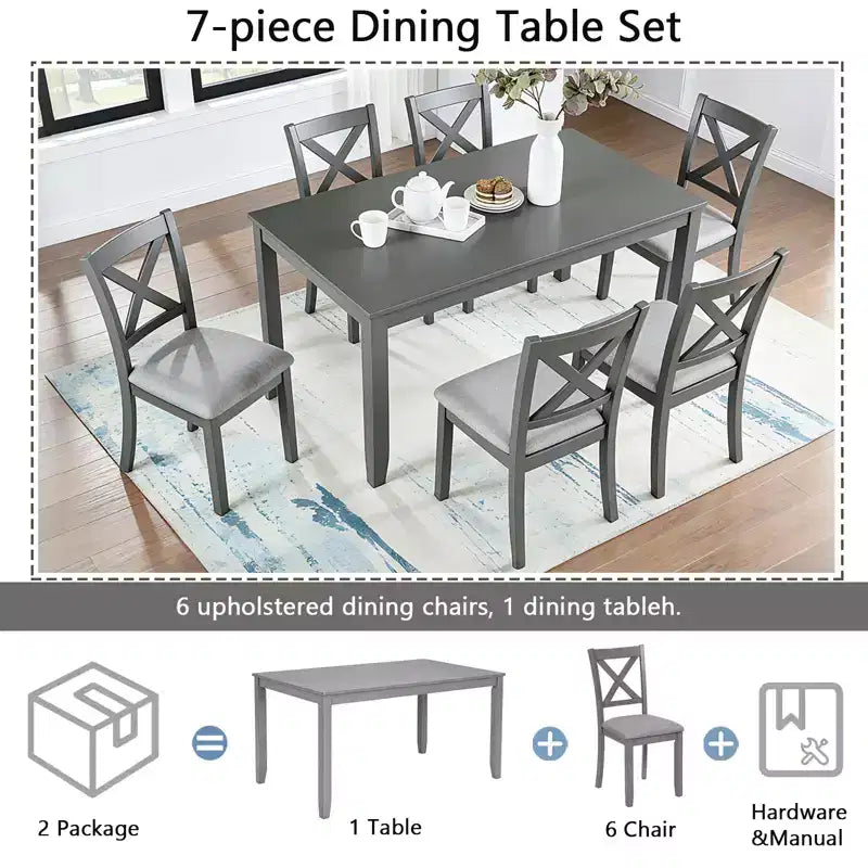 GDFStudio Loren modernes 7-teiliges Esszimmer-Set aus Massivholz mit gepolstertem Tisch und Stühlen