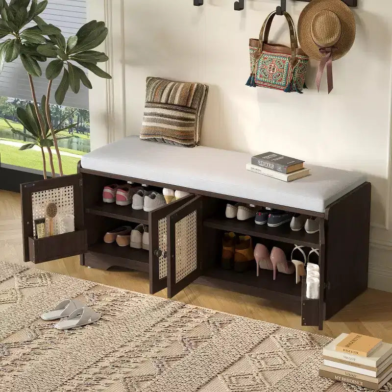 47 Rustikale Rattan-Eingangsbank mit Stauraum, Schuhbank für den Eingangsbereich mit herausnehmbarem Polster für Flur oder Wohnzimmer-Panipeachy