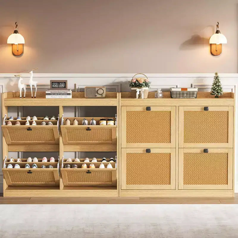 Schuhschrank mit 4 Klappfächern, Schuhschrank aus Holz mit Rattantüren und verstellbaren Einlegeböden – freistehender Schuh-Organizer