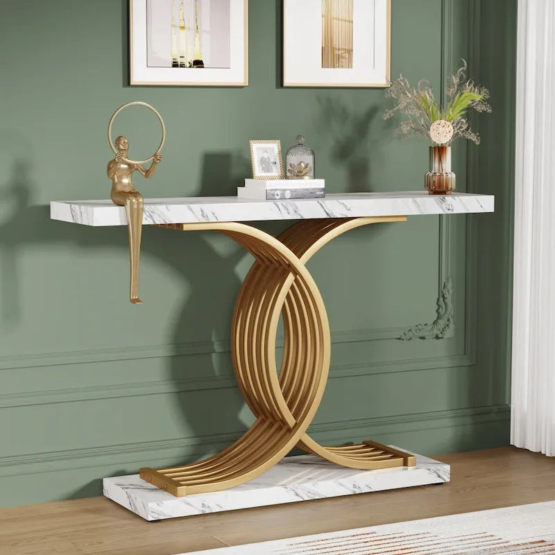 Schwarzer/goldener moderner Konsolentisch mit Marmoroptik-Tischplatte, 99 cm breiter Holztisch für den Eingangsbereich mit geometrischen Metallbeinen