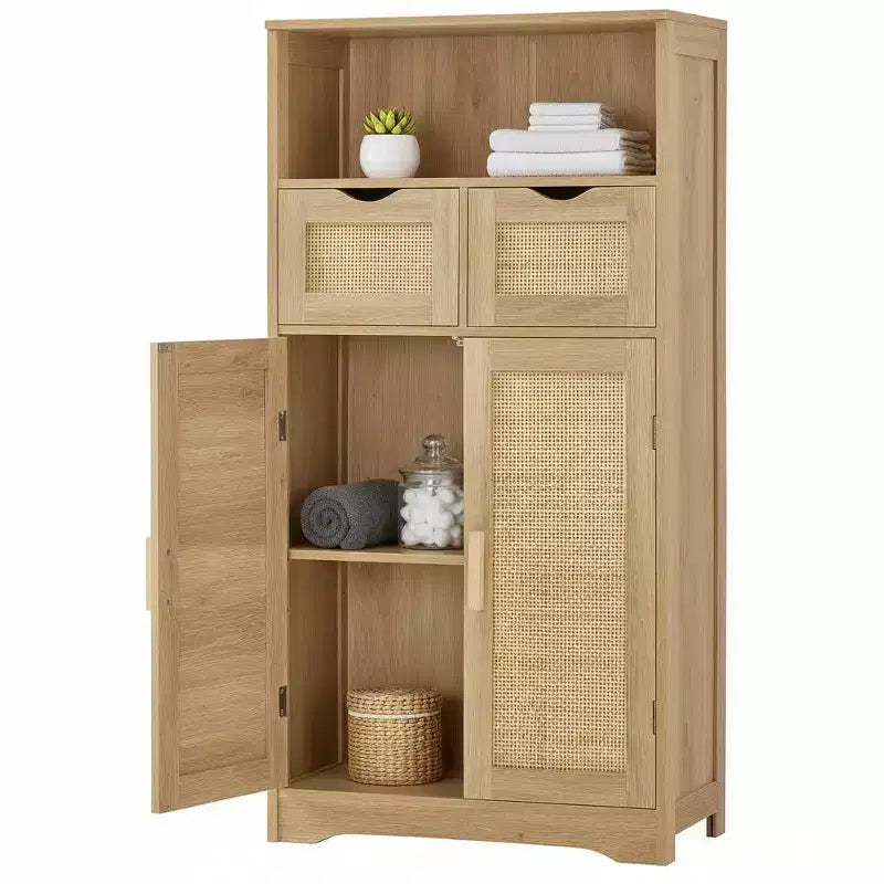 Rattan-Aufbewahrungsschrank mit 2 Schubladen & verstellbaren Einlegeböden für Küche/Zuhause