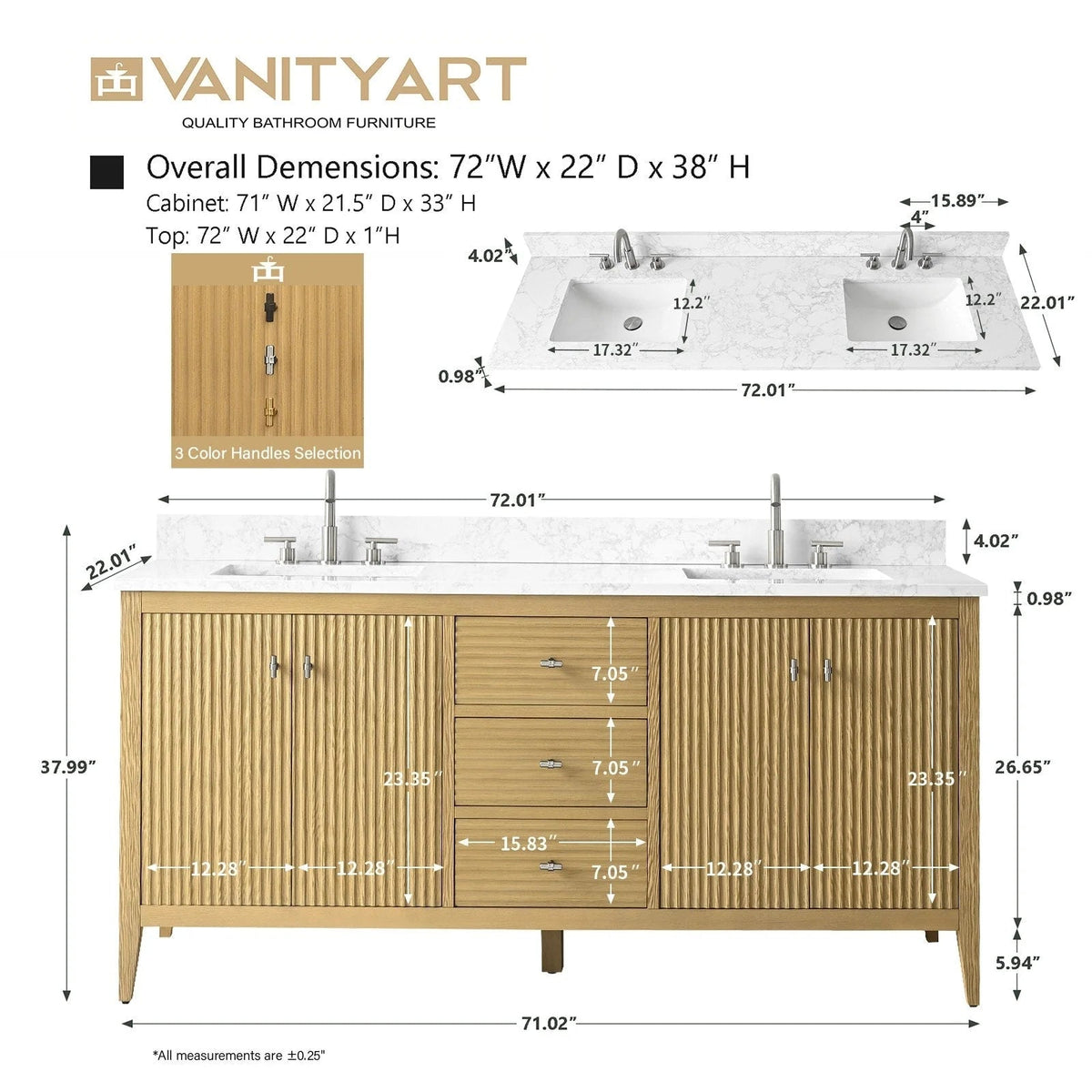 Vanity Art 72 Zoll Badezimmer-Waschtischunterschrank mit Doppelwaschbecken und Kunstmarmorplatte