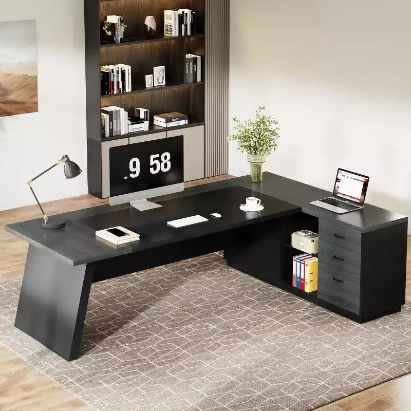 Lantine Modern 78 L-förmiger Chefschreibtisch mit Schubladen und seitlichem Aktenschrank