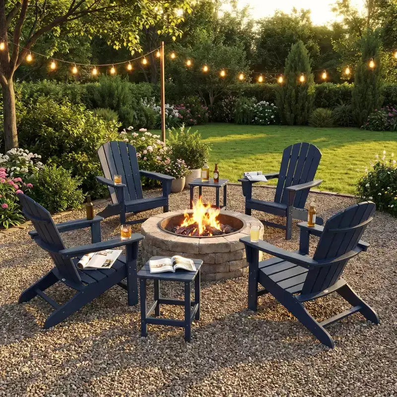 Klappbare Adirondack-Stühle, 4er-Set mit 2 Beistelltischen, moderne Outdoor-Stühle aus HDPE für Terrasse, Veranda, Balkon, Garten und Rasen
