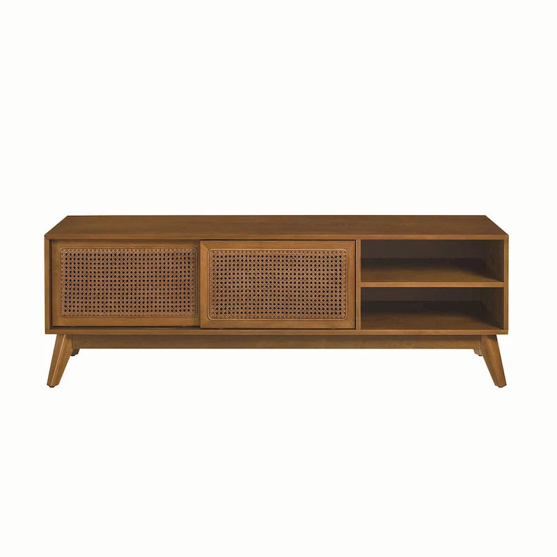Vintage Rattan TV-Schrank mit 2 Staufächern und 4 Holzbeinen für Wohnzimmer, Schlafzimmer und Büro