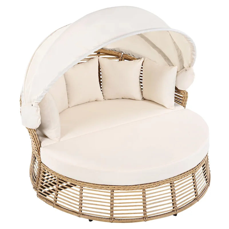 Rundes Outdoor-Rattan-Tagesbett mit Sonnendach und abnehmbaren Kissen