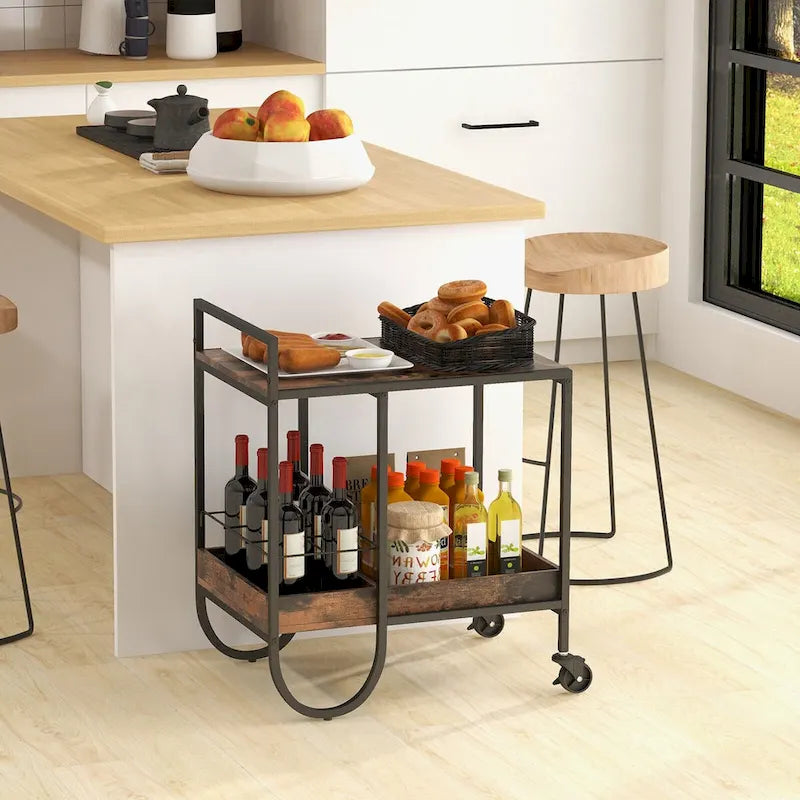 Rollbarer Servierwagen mit abnehmbarem Metalldraht-Weinregal - Braun - 24 x 17 x 29 (L x B x H)