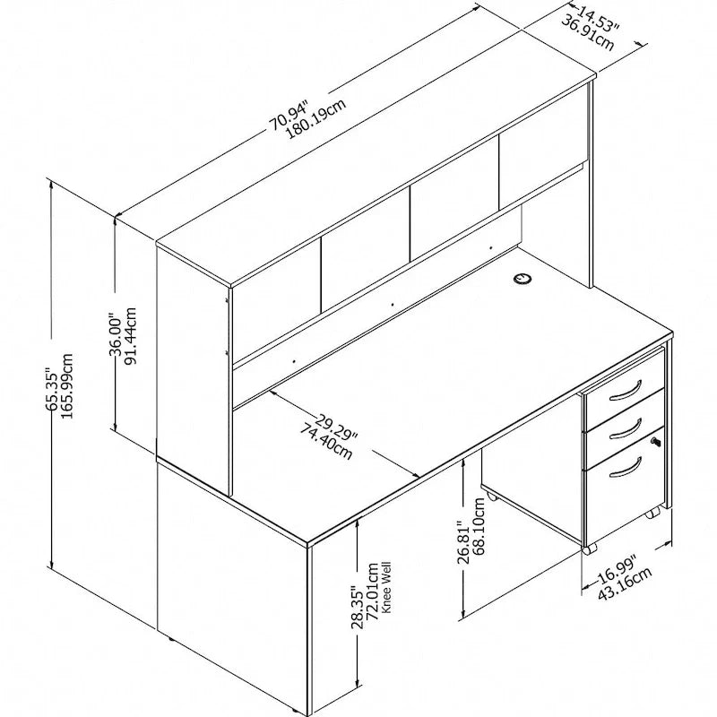 72-Zoll-Schreibtisch mit Aufsatz und mobilstem 3-Schubladen-Rollcontainer