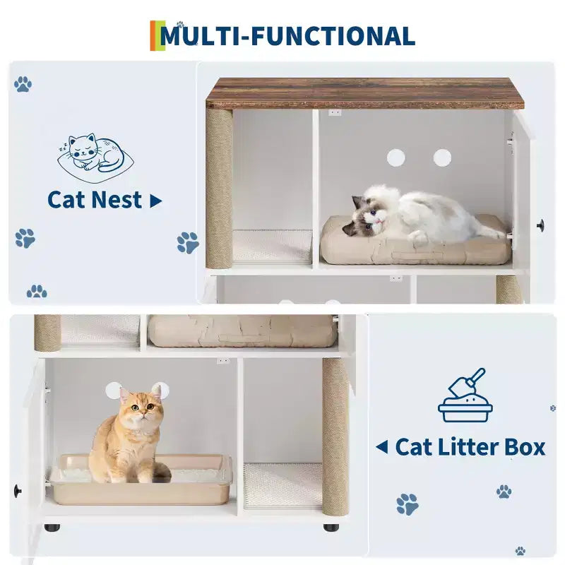 Katzentoiletten-Gehäuse mit zwei Kammern, verstecktes Katzentoiletten-Möbel mit Kratzstämmen und doppellagigen Streumatten für das Zuhause