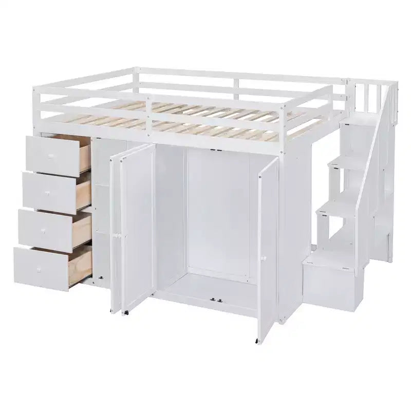 Teddy-Fleece-Tagesbett mit Staubrett und Schubladen, hohes Hochbett aus Holz mit vielseitigem Schreibtisch fürs Schlafzimmer