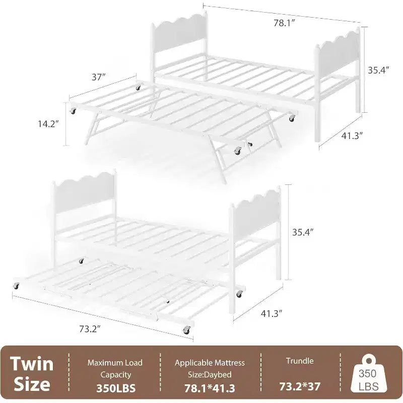 Tagesbett in Twin-Größe mit Ausziehbett, Metallrahmen mit Kopfteil in Holzoptik, feststellbare Rollen, platzsparendes Schlafsofa, kein Lattenrost erforderlich