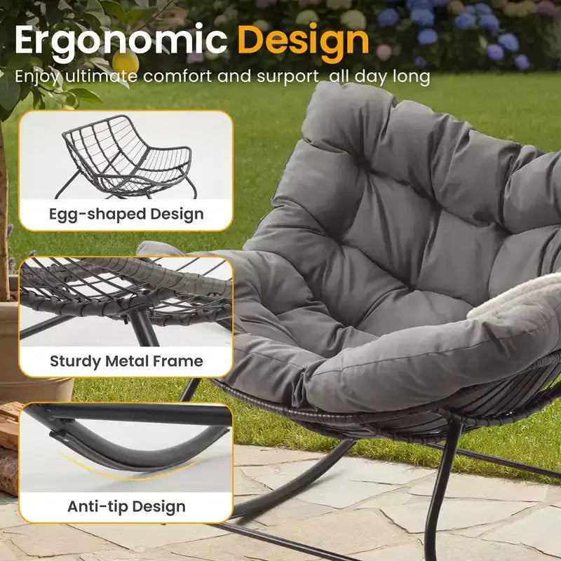 Heynemo Terrassen-Schaukelstuhl mit Hocker, Eiformiger Schaukelstuhl für drinnen und draußen mit Kissen, Überdimensionaler Papasan-Loungesessel aus Metall, Lesesessel