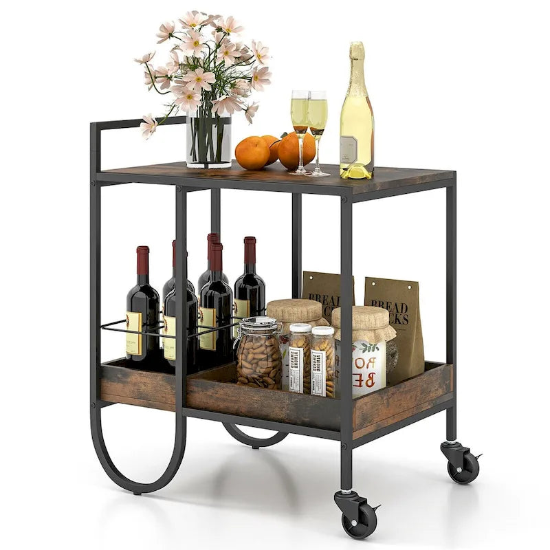 Rollbarer Servierwagen mit abnehmbarem Metalldraht-Weinregal - Braun - 24 x 17 x 29 (L x B x H)