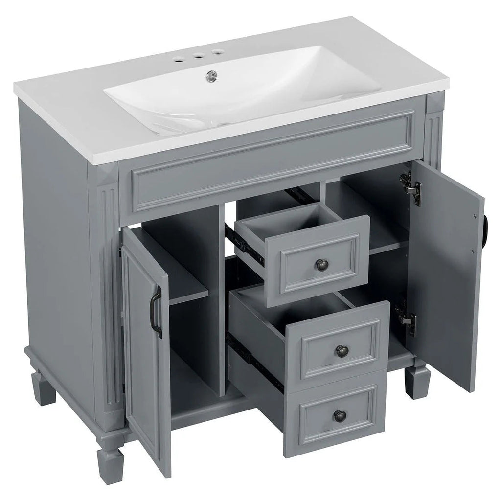 36" Moderner Badezimmer-Waschtisch mit Aufsatzwaschbecken und Spiegelschrank, 2 Türen und 2 Schubladen