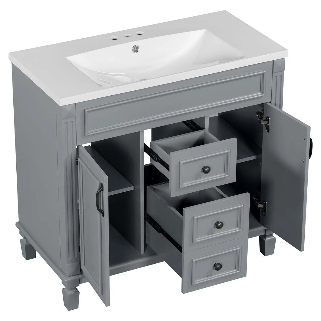 36" Moderner Badezimmer-Waschtisch mit Aufsatzwaschbecken und Spiegelschrank, 2 Türen und 2 Schubladen