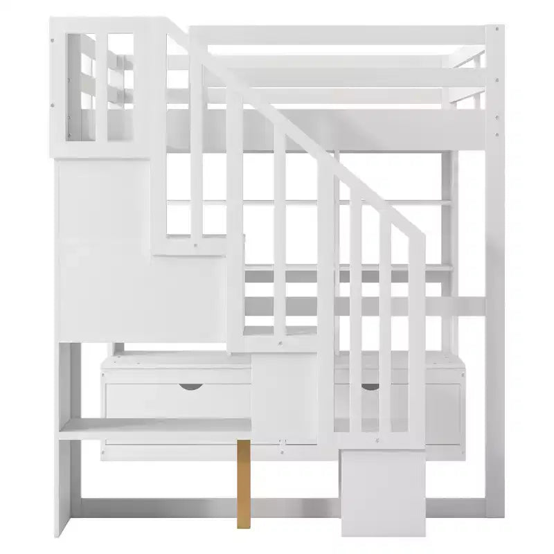 Full-Size-Hochbett mit Treppe und Schreibtisch, Hochbettgestell aus Holz mit Staufächern und Bücherregalen für Erwachsene, Teenager und Kinder