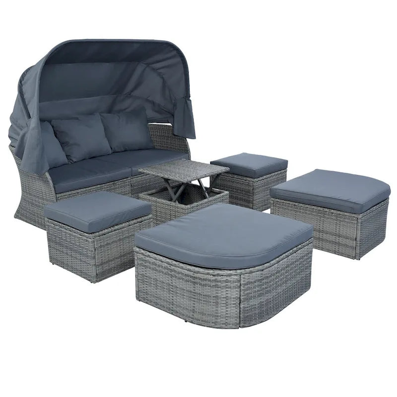 Graues Outdoor-Tagesbett aus Korbgeflecht mit Polstern und ausziehbarem Sonnendach
