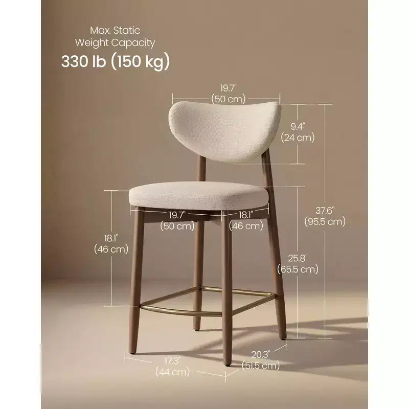 VASAGLE Barhocker aus Holz, 2er-Set, gepolsterte Thekenhöhe Barhocker mit Massivholzbeinen, ergonomischer Rückenlehne, Leinen-Optik-Stoff, Cappuccino