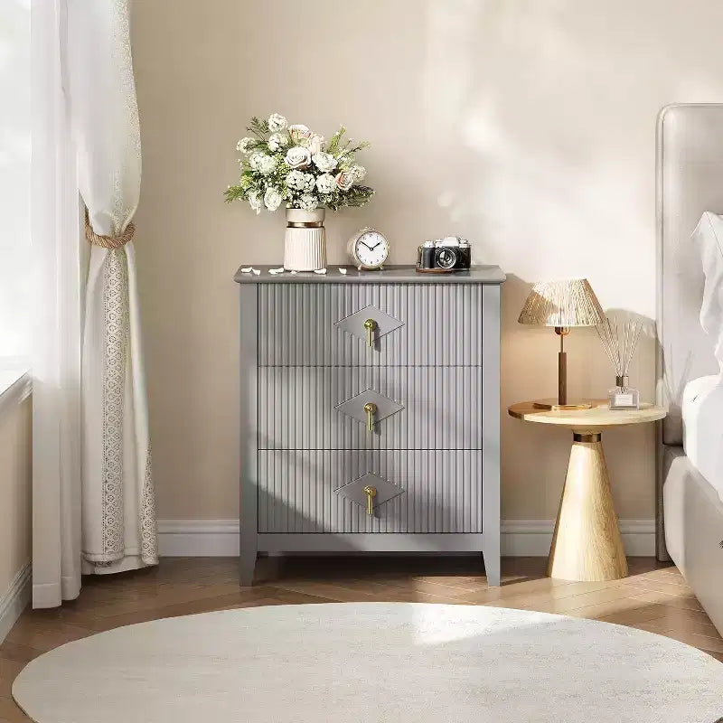 2 Stück geriffelte Holz-Nachttische, 27,5 breit, 3-Schubladen-Kommoden-Set, moderne Beistelltische, Schubladenschrank für Schlafzimmer und Wohnzimmer