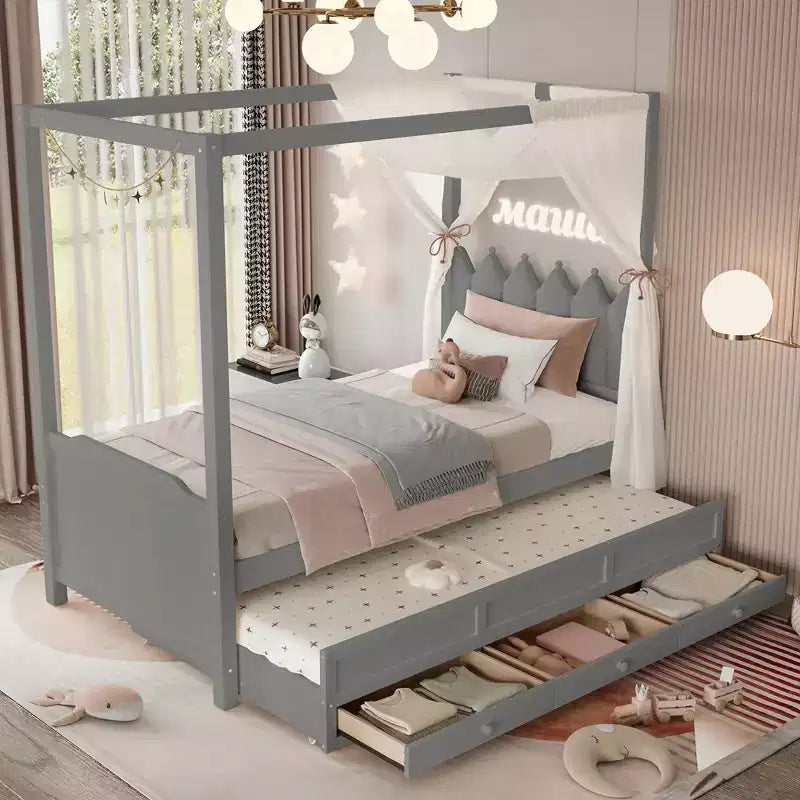 Doppel-/Einzelbett-Plattformbett mit Ausziehbett, Prinzessinnen-Himmelbett aus Holz mit 3 Schubladen, Stauraumbett mit gepolstertem Kopfteil für das Schlafzimmer
