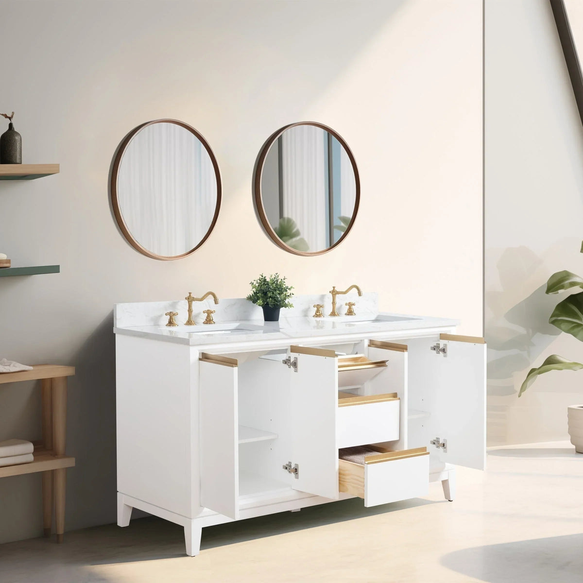 Vanity Art Badezimmerschrank mit Keramikwaschbecken und Platte aus technischem Marmor