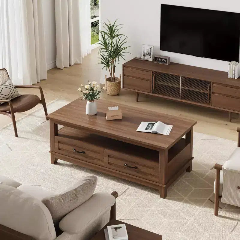 Landhausstil-Couchtisch mit Schubladen, 47,2 Zoll Wohnzimmertisch im rustikalen Design, Braun, mit offenem Ablagefach und 6 Stützbeinen