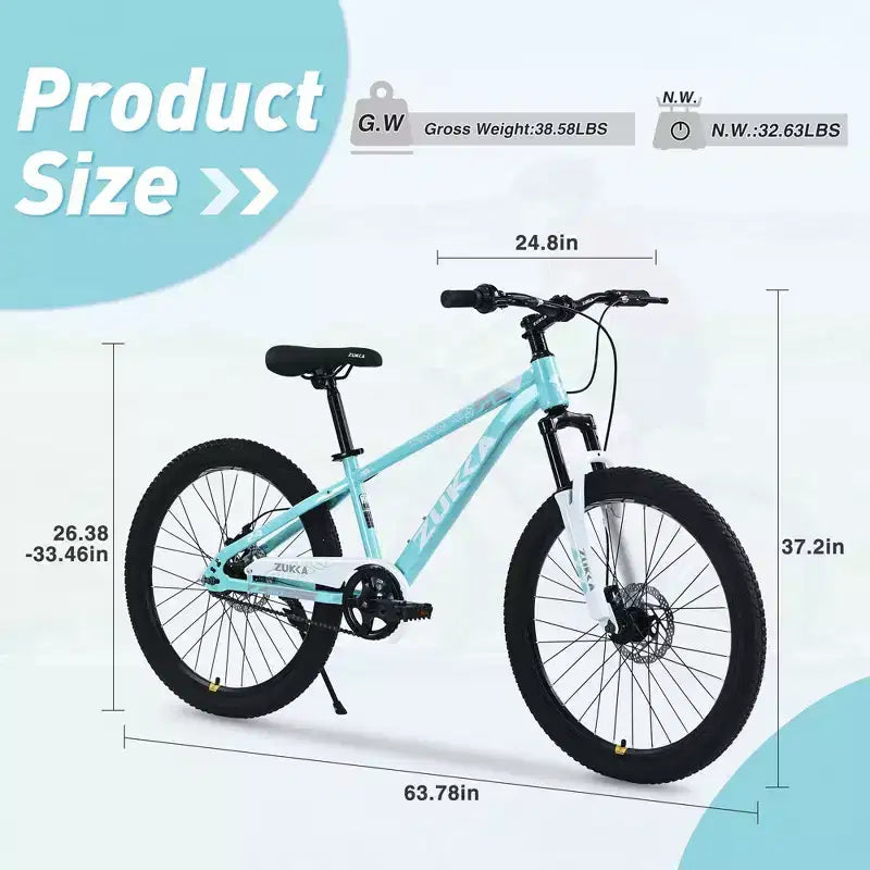 NAYSAYE 24 Zoll Mountainbike Kinderfahrrad mit Federgabel und Stahlrahmen für Kinder von 9 bis 12 Jahren, Cyan, 162 * 63 * 94,5 cm