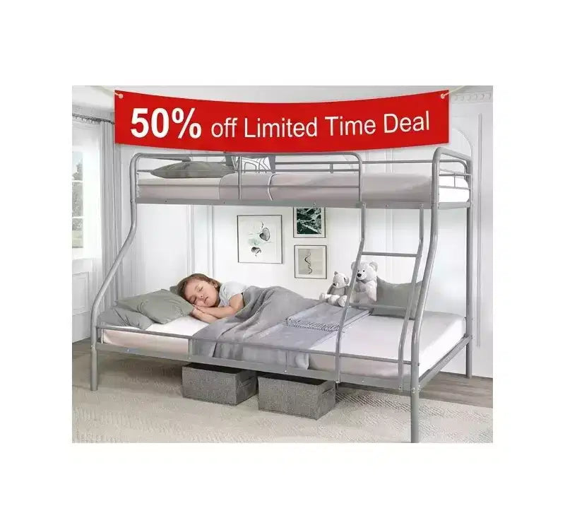 Vollmetall-Etagenbett mit niedrigem Sicherheitsdesign, Absturzsicherung, schräger Leiter und Stauraum unter dem Bett