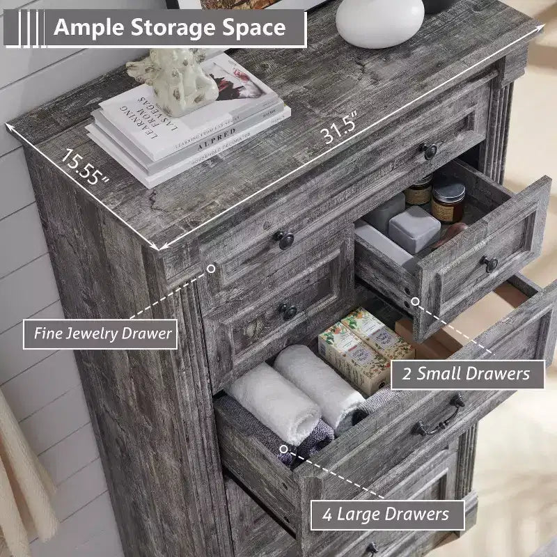 Mastgoal 57 Bauernhaus-Kommode mit 7 Schubladen, rustikaler Holzschrank mit römischer Säule für das Schlafzimmer