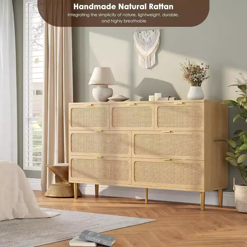Rattan Kommode mit 7 Schubladen für das Schlafzimmer, hoher Schrank mit tiefen Schubladen, große Kommode für den Kleiderschrank mit breiter Ablagefläche, Holzkommode für das Wohnzimmer