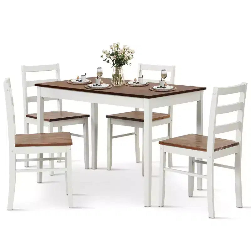 Costway 5-teiliges Esszimmer-Set Massivholz Küchenmöbel mit rechteckigem Tisch & 4 Stühlen Natur/Kaffee/Grau