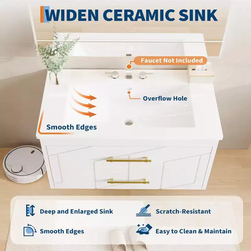 Modernes hängendes Badezimmer-Waschtischset mit Waschbecken – Wandmontierter Unterschrank mit Soft-Close-Schublade und goldenem Griff, Größe 24 oder 30 Zoll