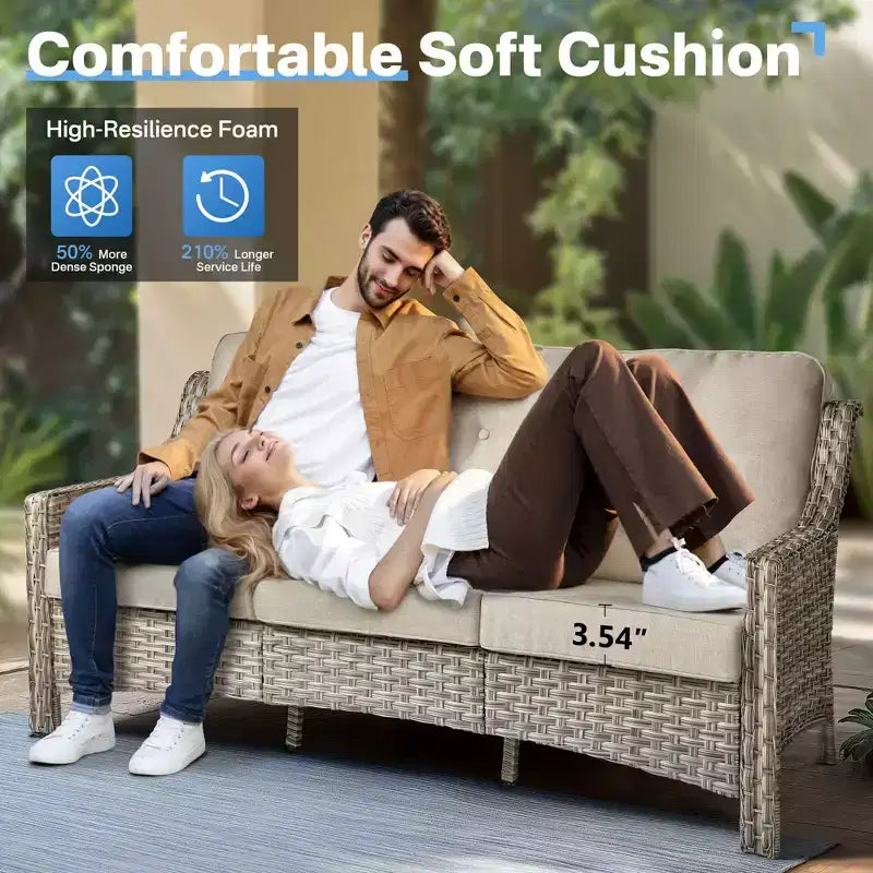HOMLUX 6-teiliges Terrassen-Loungeset aus Polyrattan mit 3-Sitzer-Sofa und Polstern, Rattanstühlen, Hockern und Couchtisch