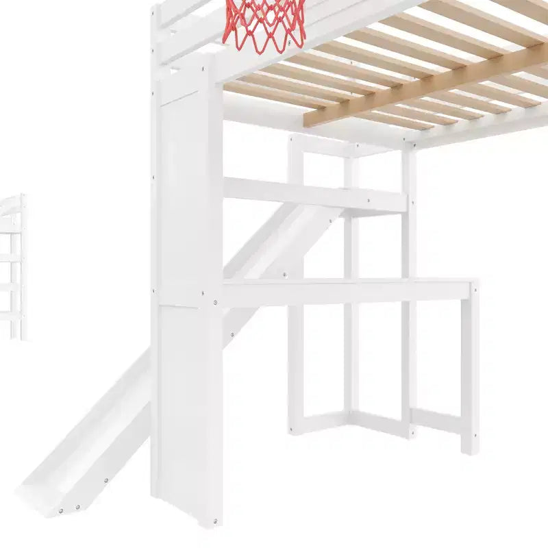 Luxystar Komplettes Hochbett aus Holz mit Schreibtisch, Rutsche, Basketballkorb und Aufbewahrungstreppe für Kinder und Jugendliche