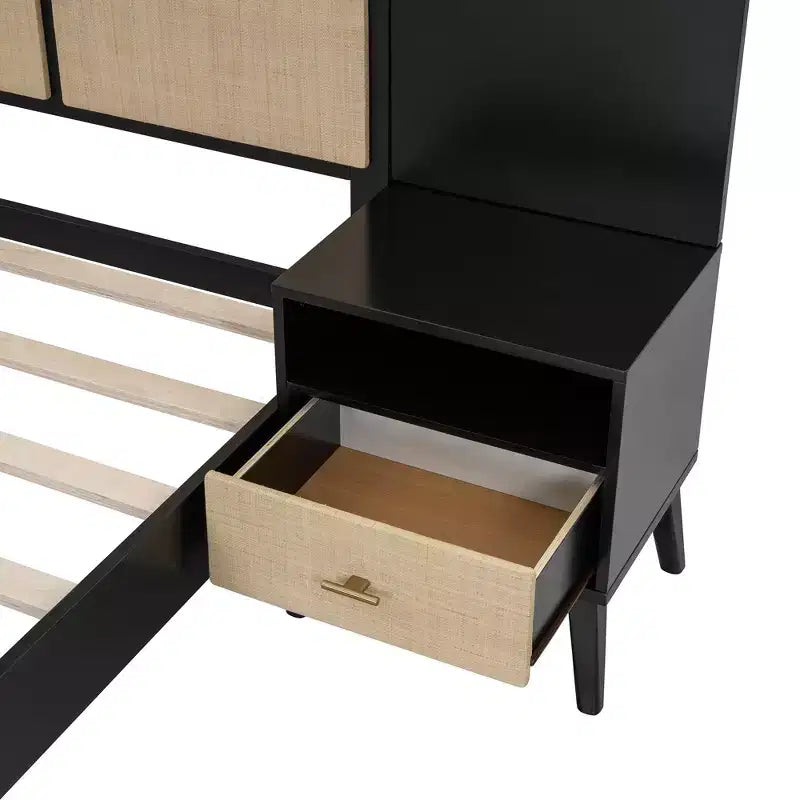 Queen-Size-Bettgestell aus Massivholz mit 2 Nachttischen, elegantes Plattformbett aus Rattan-Holz-Kombination mit Lampen - ModernLuxe