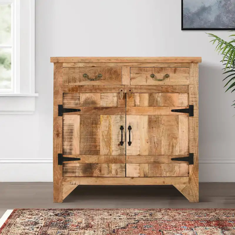 99 cm handgefertigte Farmhouse-Konsole aus Mangoholz, mit 2 Schubladen und 2 Türen, rustikales Braun