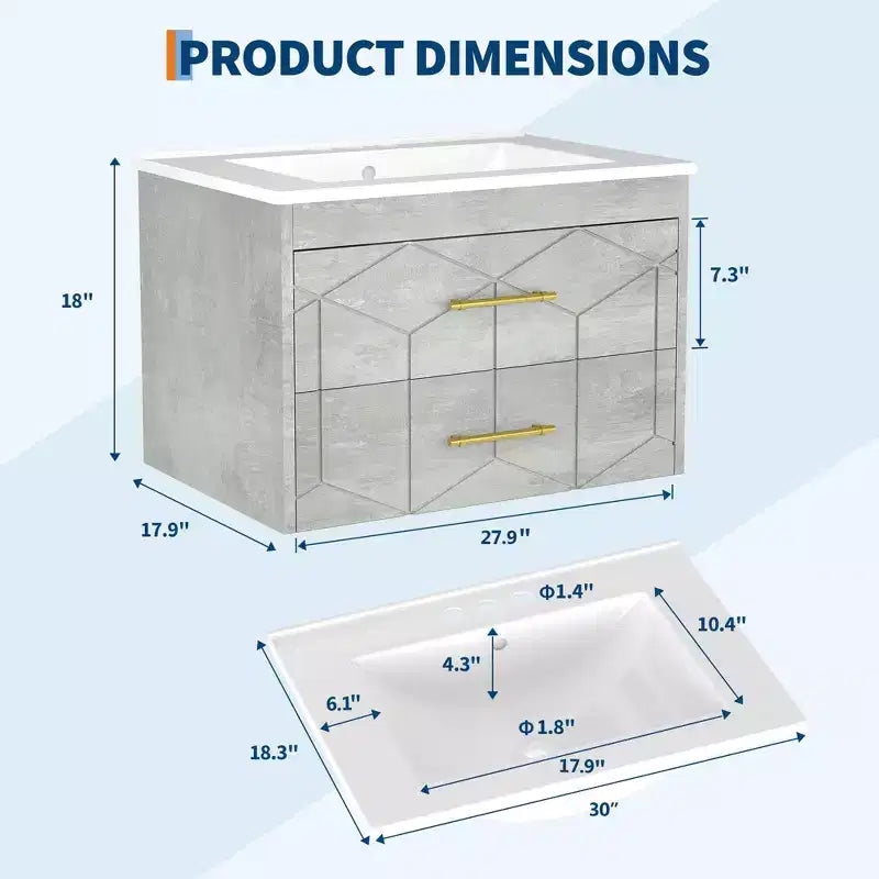 Modernes hängendes Badezimmer-Waschtischset mit Waschbecken – Wandmontierter Unterschrank mit Soft-Close-Schublade und goldenem Griff, Größe 24 oder 30 Zoll