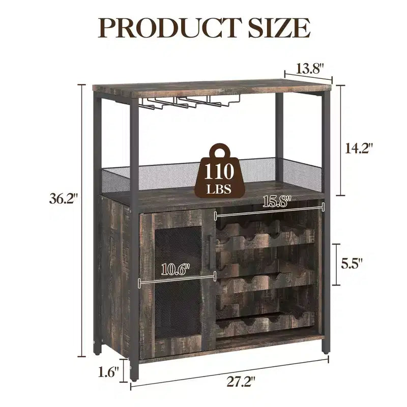 Grauer 3-stöckiger industrieller Weinbarschrank (12+ Flaschen), 91,4 H x 61 B x 38,1 T cm, abnehmbares Regal, 9 Glashalter & verstellbare Einlegeböden für Zuhause/Bar