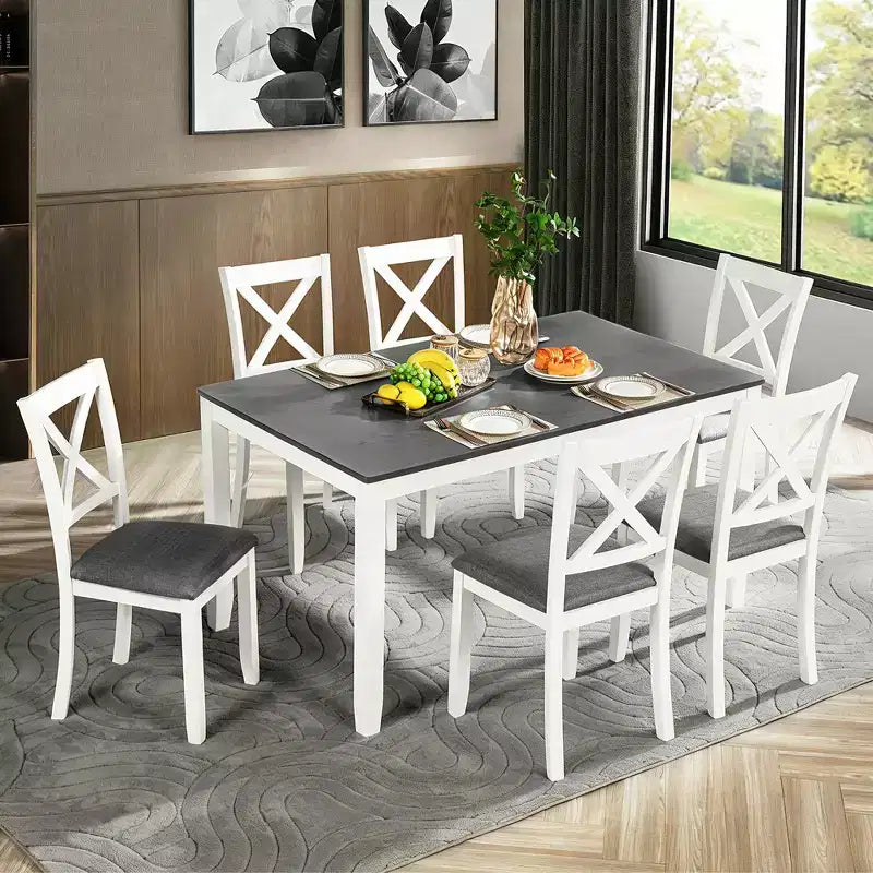 GDFStudio Loren modernes 7-teiliges Esszimmer-Set aus Massivholz mit gepolstertem Tisch und Stühlen