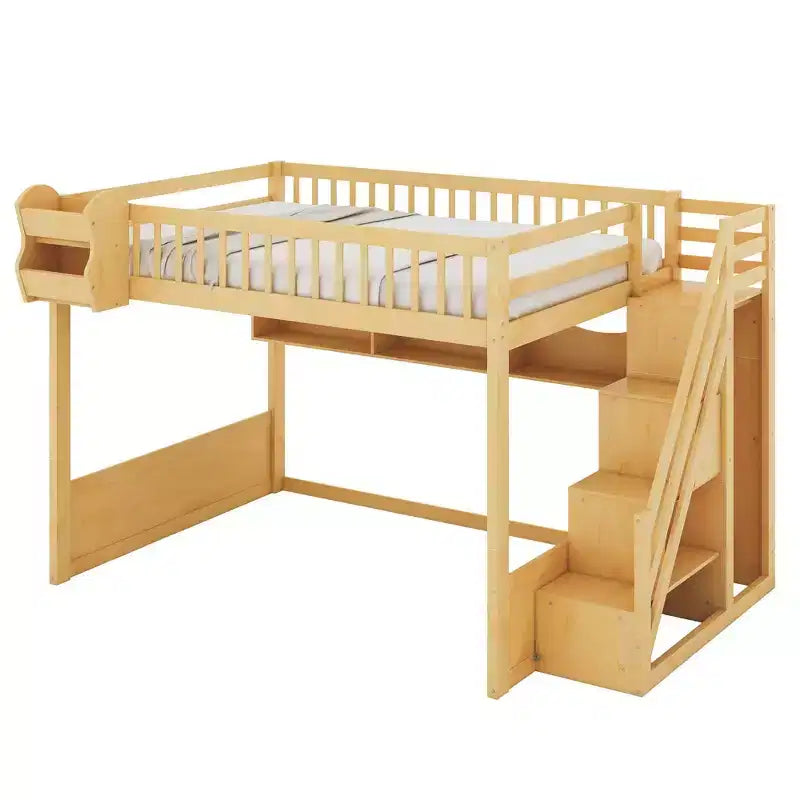 Queen-Hochbettgestell mit Treppe, Kleiderschrank & Regalen - MDF, 650 lb